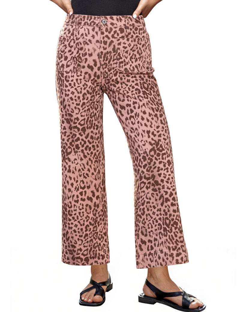 luvamia Wide Leg Jeans for Women High Waisted Leopard Stretch Cropped Denim Pants for Women Trendy Cheetah Print Patch Pocket Flare Jeans Pink Leopard Medium US Size 8-10 - Image 1