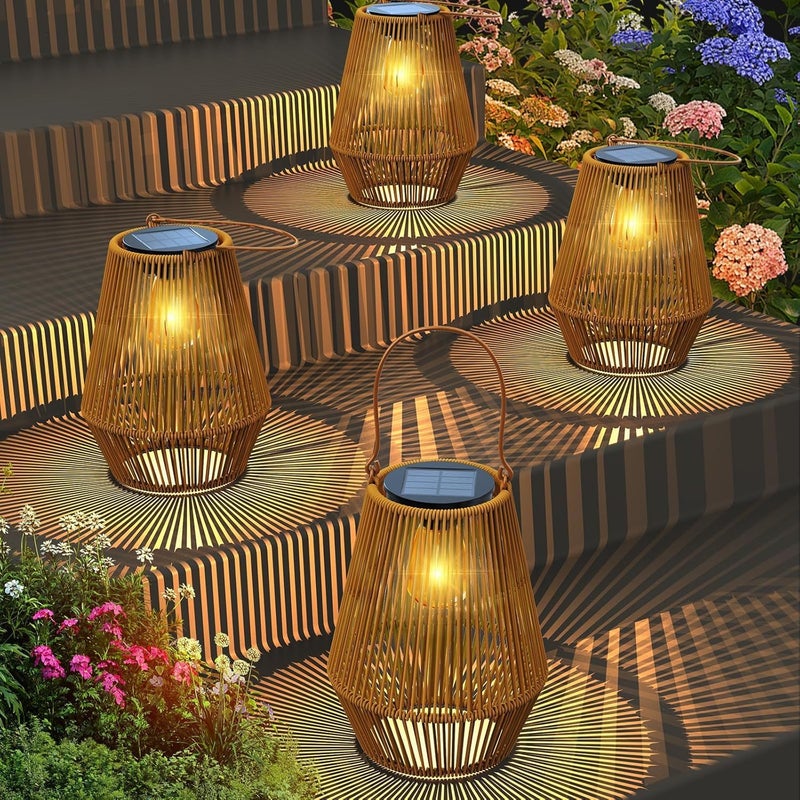 KagoLing Solar Lanterns for Outdoors, Pack of 4 Solar Lights for Outdoor Use in Bohemian Style with LED Light Bulb, Hanging/Standing, Hand Knitted Solar Lights for Patio, Garden, Courtyard, Balcony - Image 1