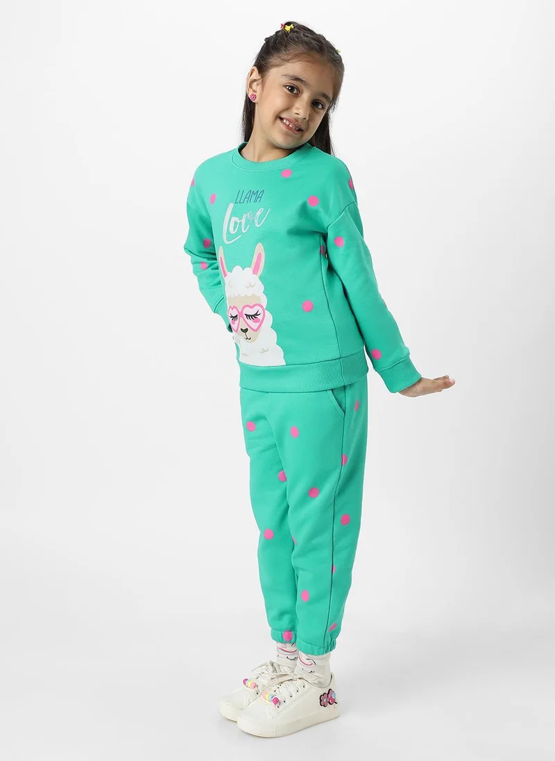 Nautinati Nautinati Girls' Green Fleece Combo Set of Graphic Print Sweatshirt and Dot Print Joggers