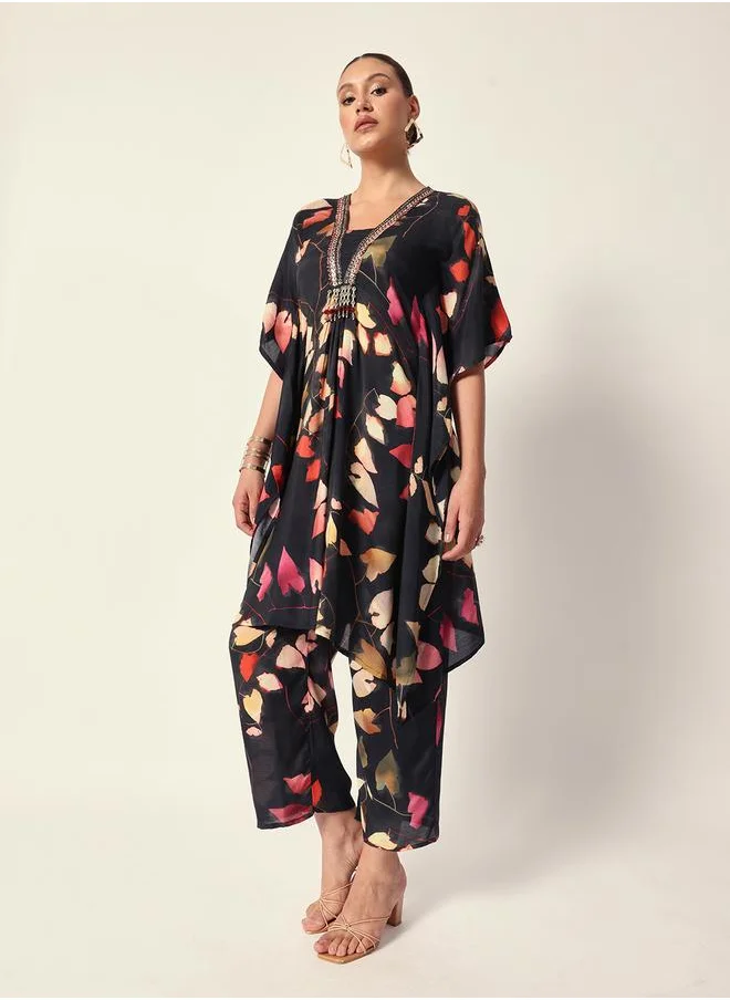 آي شين Women's Black Muslin Textured Kaftan Full Palazzo Regular Fit Kurta Set