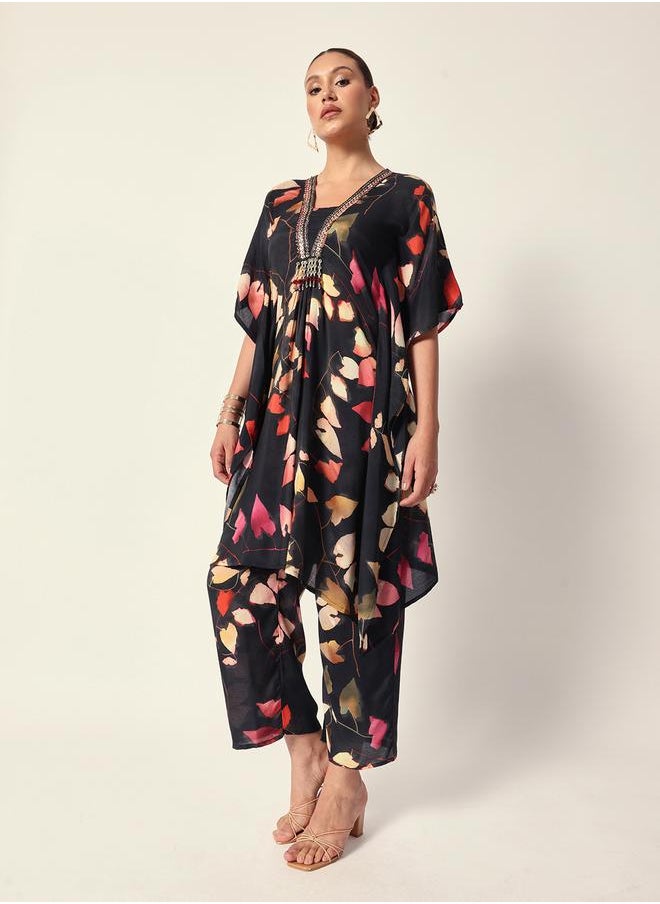 ISHIN Women's Black Muslin Textured Kaftan Full Palazzo Regular Fit Kurta Set  - Image 1