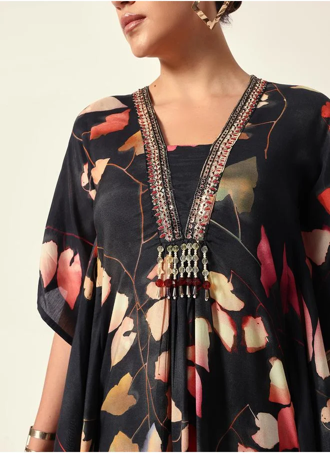 آي شين Women's Black Muslin Textured Kaftan Full Palazzo Regular Fit Kurta Set