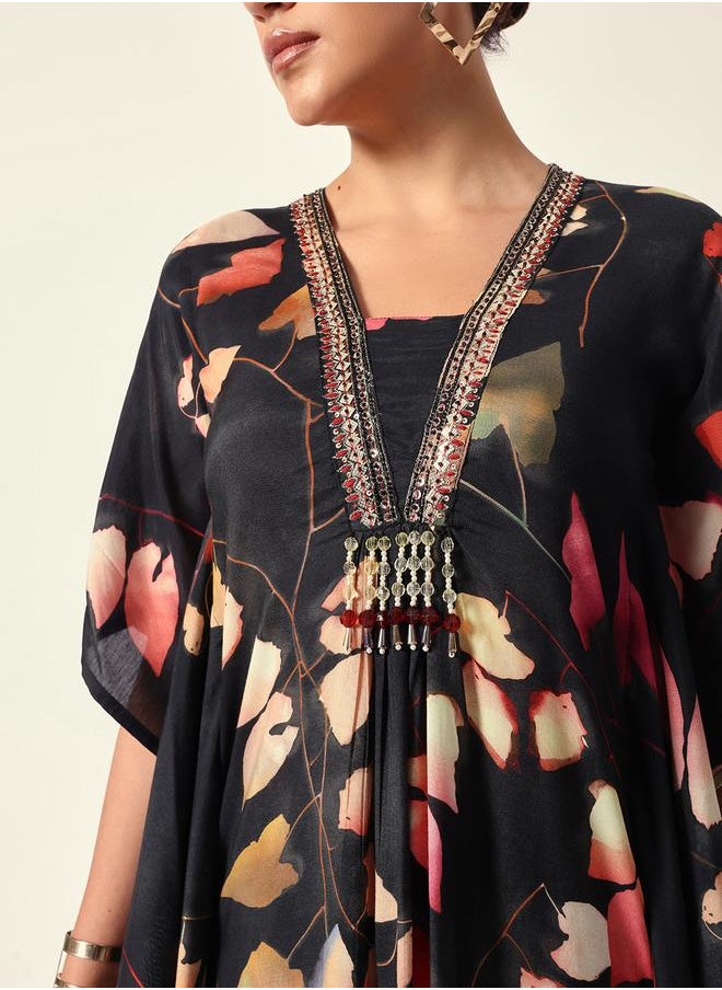 ISHIN Women's Black Muslin Textured Kaftan Full Palazzo Regular Fit Kurta Set  - Image 2