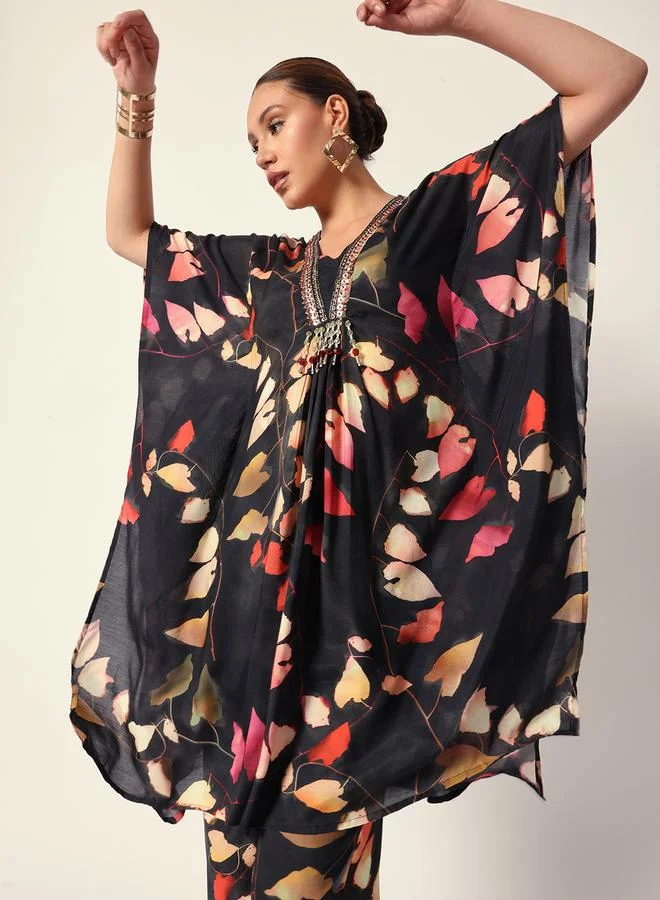 ISHIN Women's Black Muslin Textured Kaftan Full Palazzo Regular Fit Kurta Set