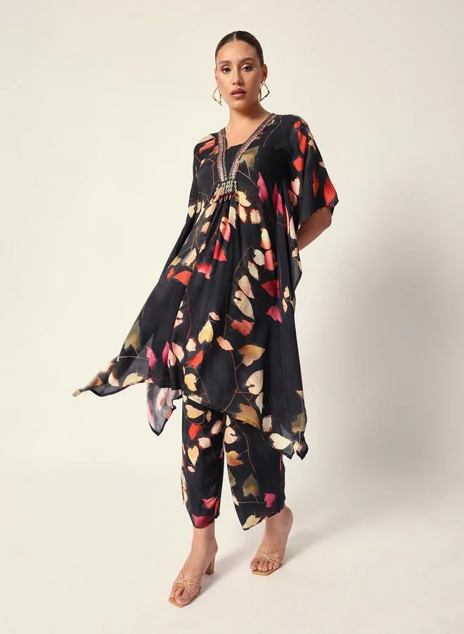 ISHIN Women's Black Muslin Textured Kaftan Full Palazzo Regular Fit Kurta Set