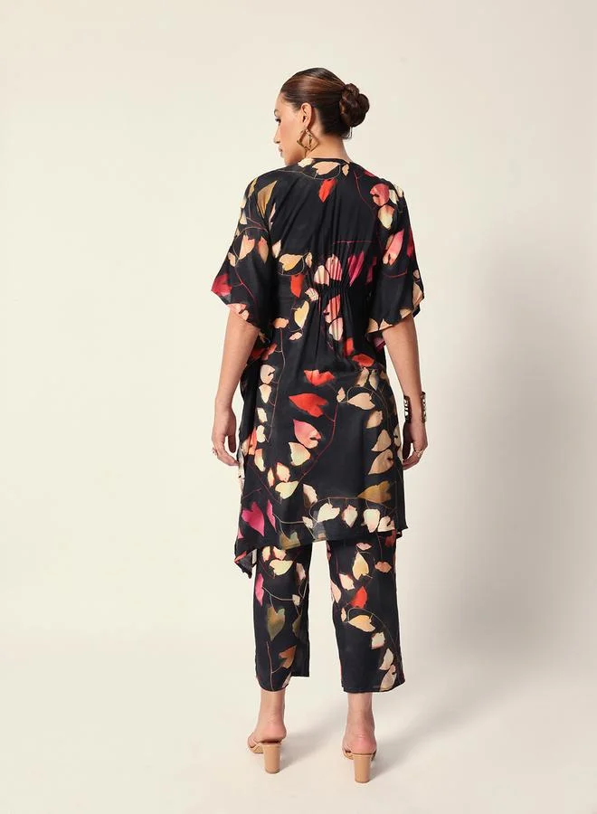 ISHIN Women's Black Muslin Textured Kaftan Full Palazzo Regular Fit Kurta Set