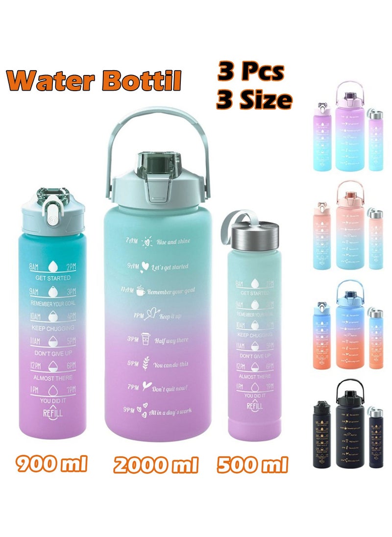 MODERN HOME - 3Pcs Sports Water Bottle With Straw 2L 900ml And 500ml Made of high quality plastic Drinking BPA Free Non Toxic With Sports Drinks Time Markings Motivational Fitness - Image 1