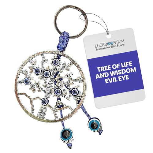 LUCKBOOSTIUM Silver Tree of Life & Evil Eye Good Luck Keychain - Protection Charm, Tree of Life Keychain, Evil Eye Hanging Accessory, Rear View Mirror Ornament, Gift for Men & Women, Good Luck Charm - Image 1