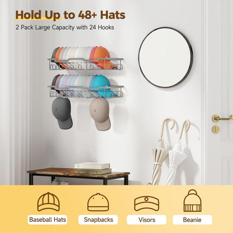 Nicetree Hat Racks for Baseball Caps Wall - Metal Hat Organizer for 48 Baseball Caps Holder, 2 Pack Hat Storage Organizer for Closet, Bedroom, Living Room Grey - Image 2
