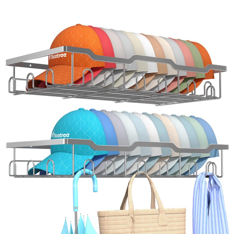 Nicetree Hat Racks for Baseball Caps Wall - Metal Hat Organizer for 48 Baseball Caps Holder, 2 Pack Hat Storage Organizer for Closet, Bedroom, Living Room Grey - Image 1