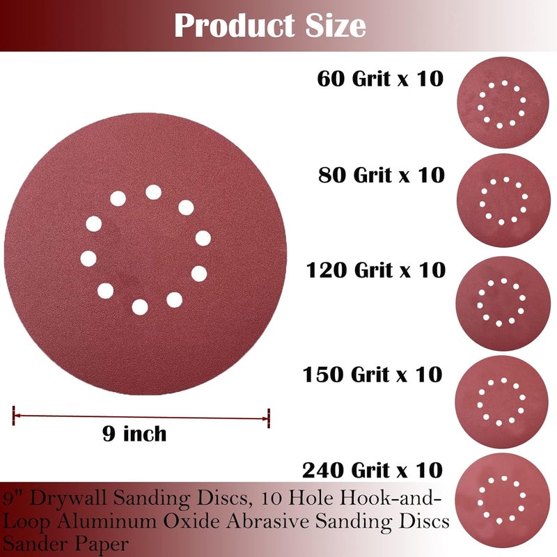Tonmp 50 PCS 9-Inch 10-Hole Hook-and-Loop Sanding Discs for Drywall Sander -10 Pack Each of 60 80 120 150 240 Grits Sander Paper - Image 2