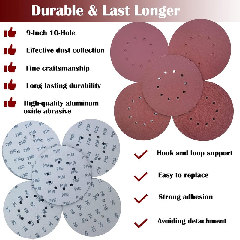 Tonmp 50 PCS 9-Inch 10-Hole Hook-and-Loop Sanding Discs for Drywall Sander -10 Pack Each of 60 80 120 150 240 Grits Sander Paper - Image 4