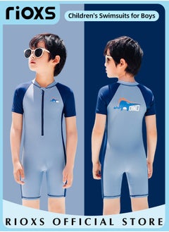 RIOXS Boys One Piece Short Sleeve Rash Guard Swimsuit Kids Water Sport Swimwear Sun Protection Bathing Suits With Shorts  - Image 2