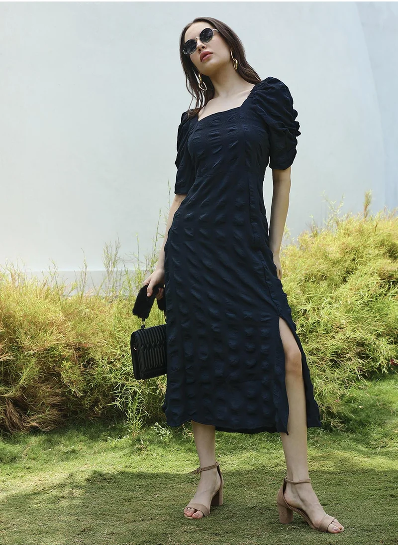 PINACOLADA Women's Navy Blue Creased Dress With Slit Detail