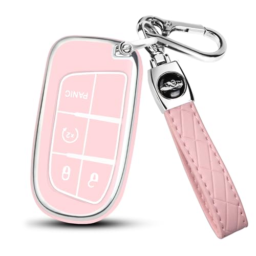 FT FUNTOR for Jeep Key Fob Cover4 Buttons TPU Full Protection Case with Silver EdgeCompatible with Jeep Grand Cherokee Compass Renegade Dodge Charger Dart Durango Journey RAM Chrysler B4Pink - Image 1