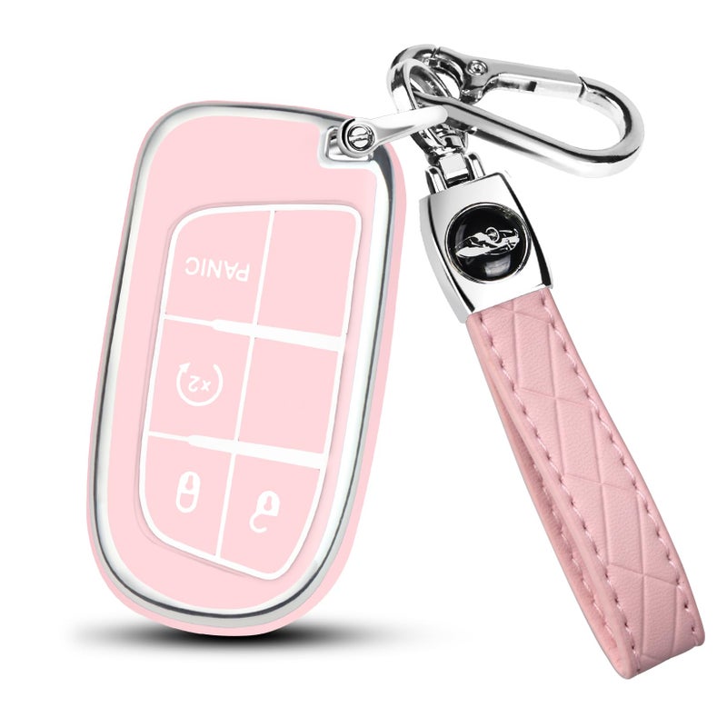 FT FUNTOR for Jeep Key Fob Cover4 Buttons TPU Full Protection Case with Silver EdgeCompatible with Jeep Grand Cherokee Compass Renegade Dodge Charger Dart Durango Journey RAM Chrysler B4Pink - Image 3