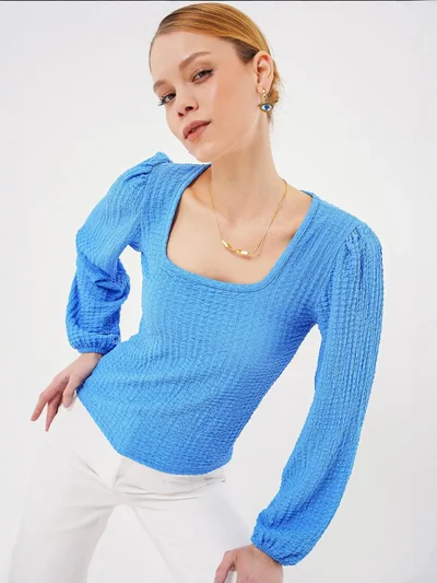 BIG DART BDART Textured Square Collar Long Sleeve Blouse