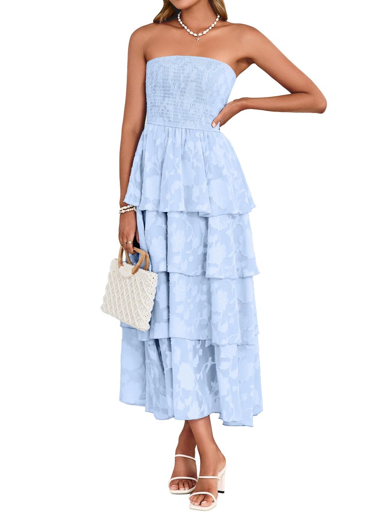 Simplee Womens Summer Strapless Maxi Dress 2026 Off The Shoulder Casual Cute Floral Boho Smocked Tube Dresses Vacation Long Sundress(Blue S) - Image 1