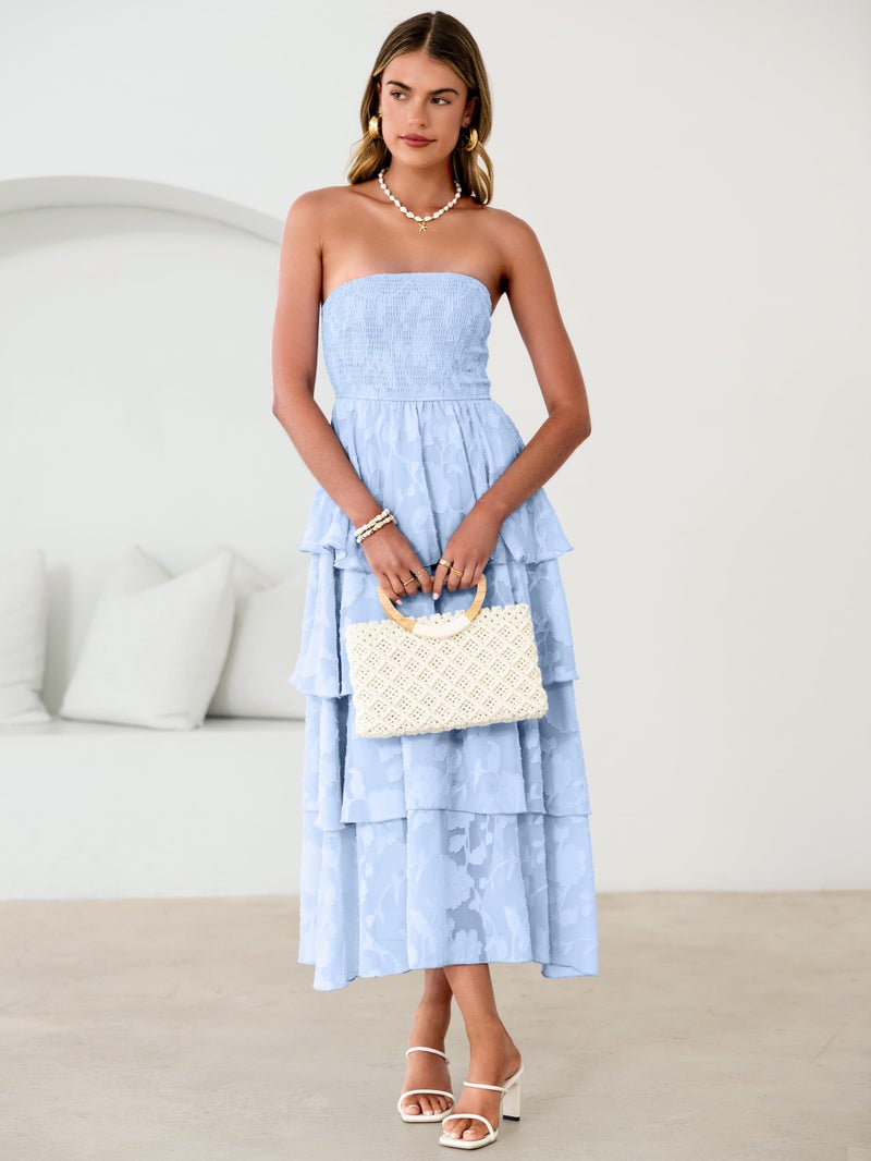 Simplee Womens Summer Strapless Maxi Dress 2026 Off The Shoulder Casual Cute Floral Boho Smocked Tube Dresses Vacation Long Sundress(Blue S) - Image 4