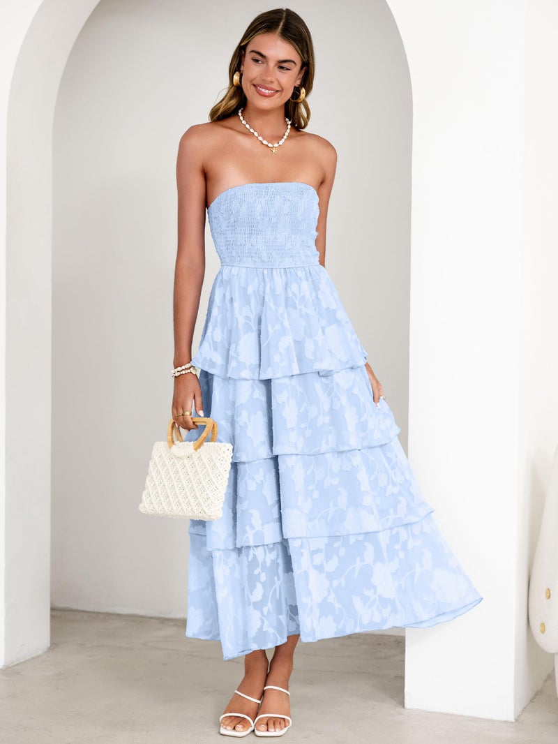 Simplee Womens Summer Strapless Maxi Dress 2026 Off The Shoulder Casual Cute Floral Boho Smocked Tube Dresses Vacation Long Sundress(Blue S) - Image 3