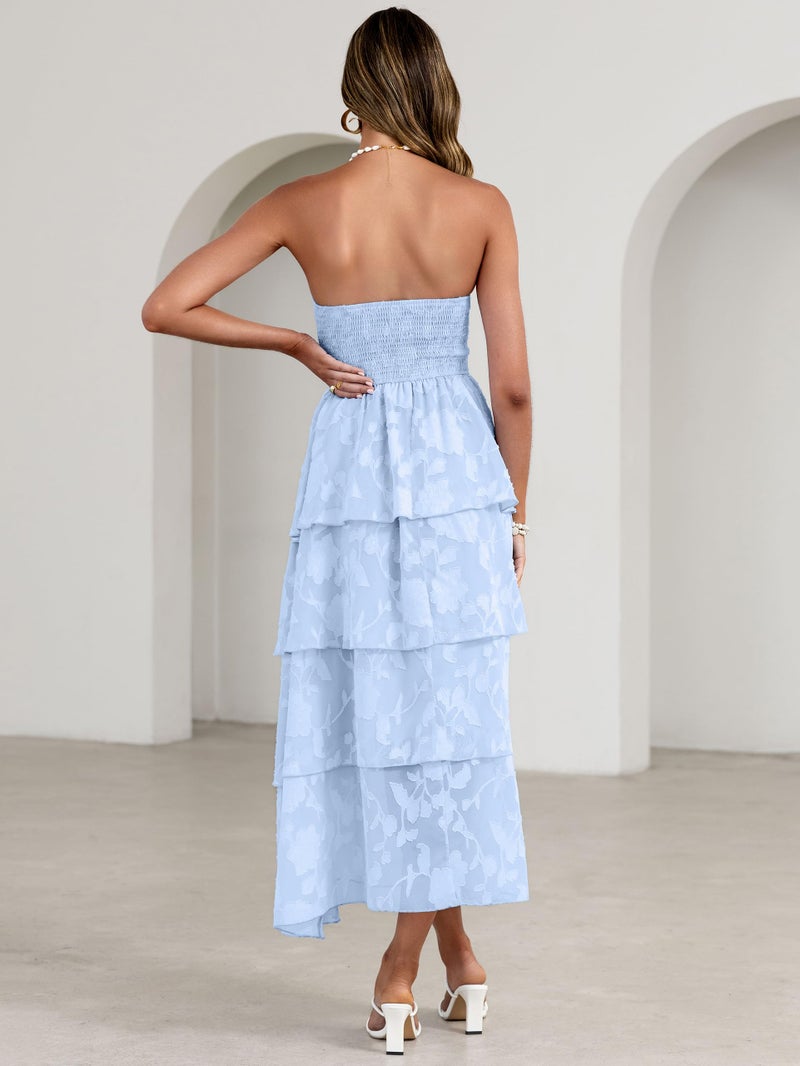 Simplee Womens Summer Strapless Maxi Dress 2026 Off The Shoulder Casual Cute Floral Boho Smocked Tube Dresses Vacation Long Sundress(Blue S) - Image 5