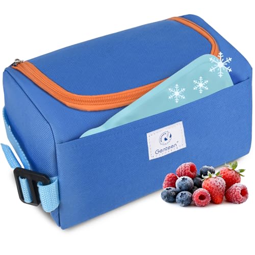 Genteen Small Cooler Bag with Ice Packs,Freezable Lunch Bag Snack Bag,Small Insulated Bag Reusable Lunch Bag Kids with Zip Closure & Buckle Handle for Travel/School/Work,Blue - Image 1