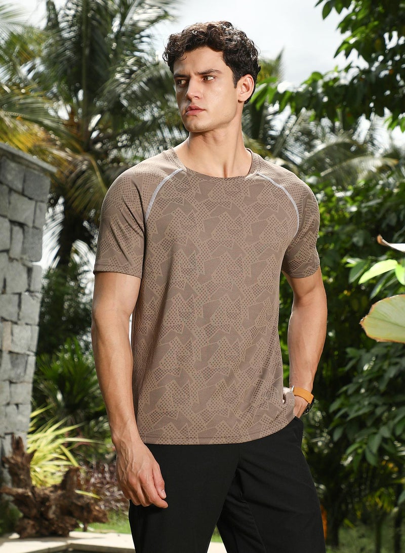 Campus Sutra Campus Sutra Men's Mocha Brown Abstract-Imprint Activewear T-Shirt For Casual Wear | Round Neck | Short Regular Sleeves | Pull On Closure | Jersey T-Shirt Crafted With Comfort Fit For Everyday Wear  - Image 3