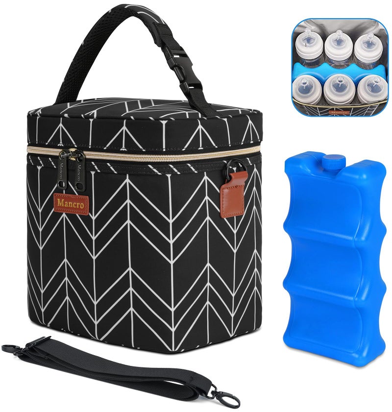 Mancro Breastmilk Cooler Bag Insulated with Ice Pack Fits 6 Baby Bottles Up to 9 Oz with OnTheGo Strap Perfect for Nursing Moms and Daycare Black Wave