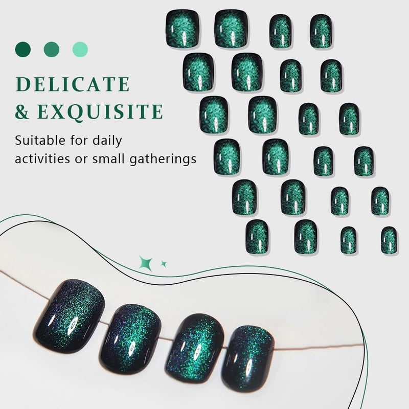 evpct Green Cat Eye Extra Short Press on Nails Square, Petite Short Square Stick on Nails for Women Gift, Emerald Green Metallic Glitter Glossy Reusable Gel Press on Acrylic Fake Nail with Designs - Image 5