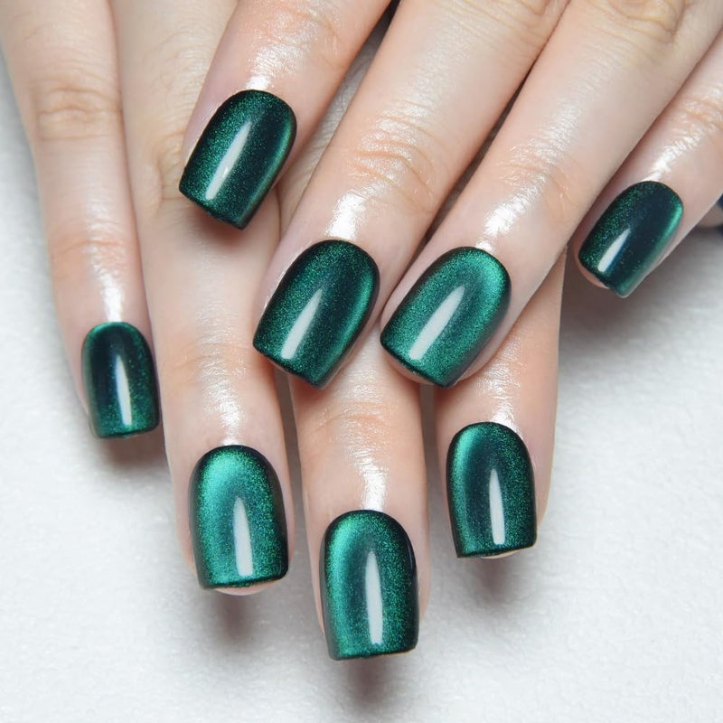evpct Green Cat Eye Extra Short Press on Nails Square, Petite Short Square Stick on Nails for Women Gift, Emerald Green Metallic Glitter Glossy Reusable Gel Press on Acrylic Fake Nail with Designs - Image 1