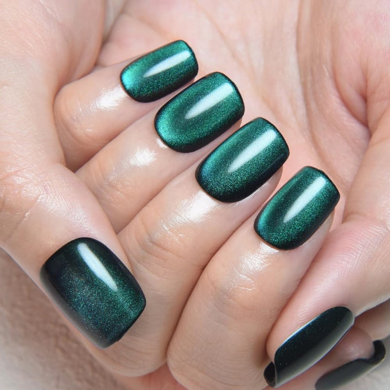 evpct Green Cat Eye Extra Short Press on Nails Square, Petite Short Square Stick on Nails for Women Gift, Emerald Green Metallic Glitter Glossy Reusable Gel Press on Acrylic Fake Nail with Designs - Image 2