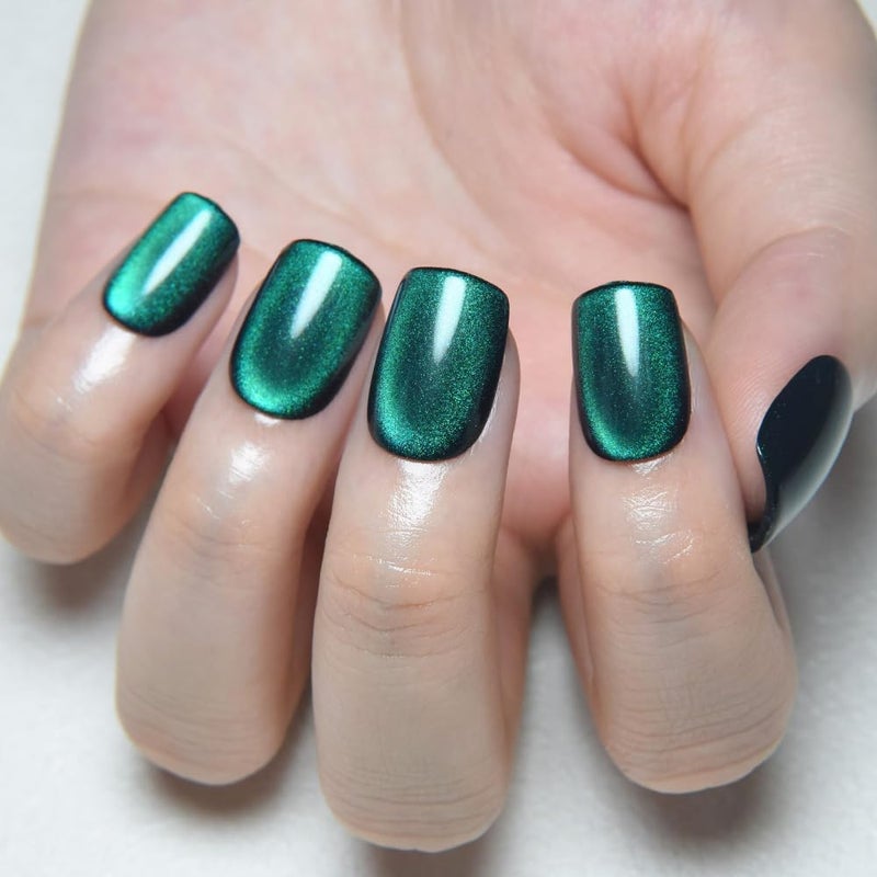 evpct Green Cat Eye Extra Short Press on Nails Square, Petite Short Square Stick on Nails for Women Gift, Emerald Green Metallic Glitter Glossy Reusable Gel Press on Acrylic Fake Nail with Designs - Image 3
