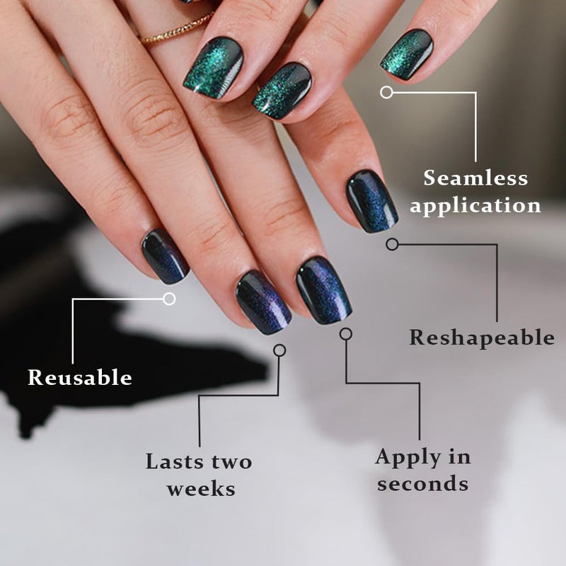 evpct Green Cat Eye Extra Short Press on Nails Square, Petite Short Square Stick on Nails for Women Gift, Emerald Green Metallic Glitter Glossy Reusable Gel Press on Acrylic Fake Nail with Designs - Image 4