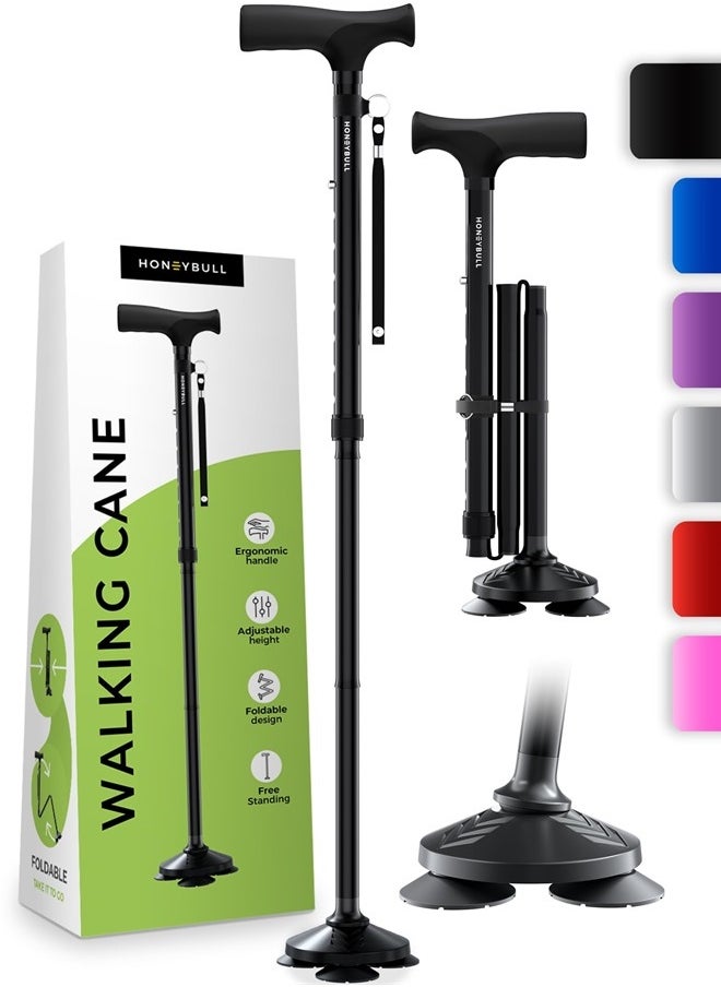 HONEYBULL Walking Cane for Men & Women - Foldable, Adjustable, Collapsible, Free Standing Cane, Pivot Tip, Heavy Duty, with Travel Bag | Walking Sticks for Seniors & Adults [Black]  - Image 1
