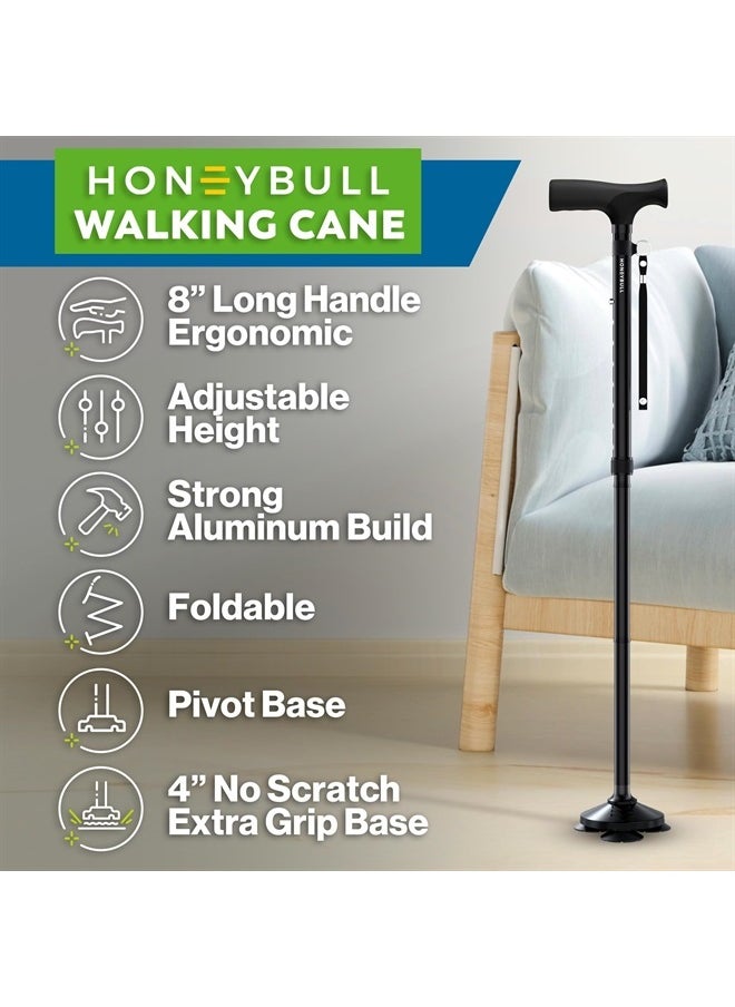 HONEYBULL Walking Cane for Men & Women - Foldable, Adjustable, Collapsible, Free Standing Cane, Pivot Tip, Heavy Duty, with Travel Bag | Walking Sticks for Seniors & Adults [Black]  - Image 3