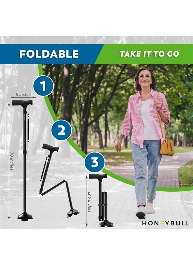 HONEYBULL Walking Cane for Men & Women - Foldable, Adjustable, Collapsible, Free Standing Cane, Pivot Tip, Heavy Duty, with Travel Bag | Walking Sticks for Seniors & Adults [Black]  - Image 4