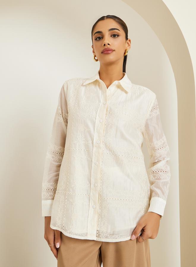 Styli Women Off White Floral Embroidered Shirt - Image 1