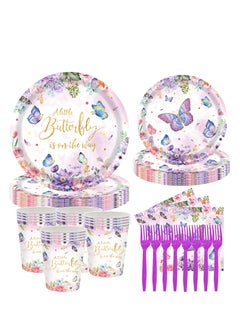Generic 120 Pcs Butterfly Baby Shower Party Plates Napkins Supplies for 24 Guests, Disposable Paper Tableware Pink Floral Princess Girl Dinnerware for Baby Shower  - Image 1