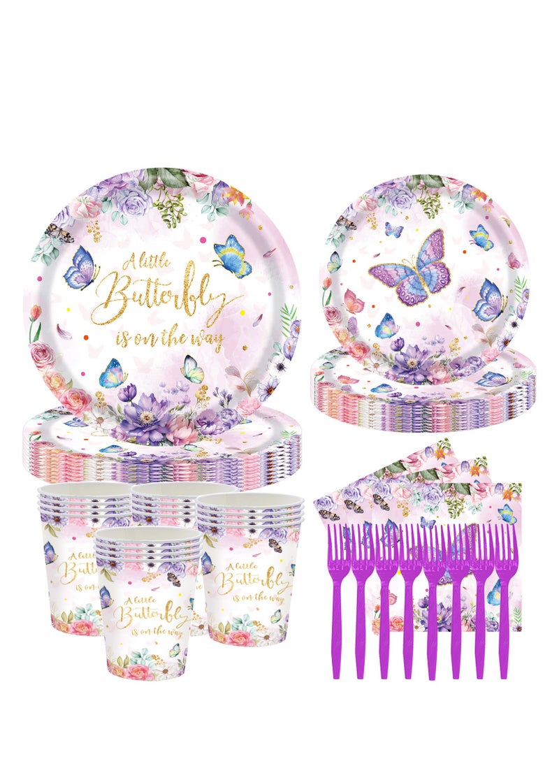 Generic - 120 Pcs Butterfly Baby Shower Party Plates Napkins Supplies for 24 Guests, Disposable Paper Tableware Pink Floral Princess Girl Dinnerware for Baby Shower - Image 1
