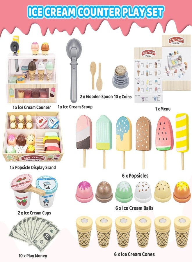 Minnot Wooden Ice Cream Toys - 32 pcs Pretend Ice Cream Play Set with Scooper, Menu, Fake Money & Storage | Wooden Play Store Counter Shop & Toy Gift for Toddlers Girls Boys Ages 3 4 5 6 7 8 - Image 2