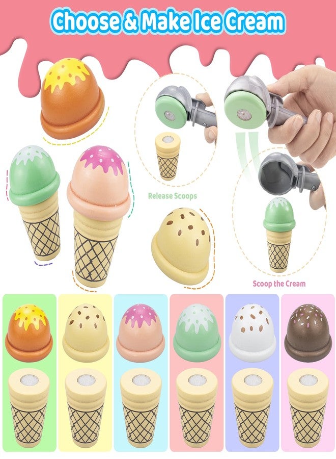 Minnot Wooden Ice Cream Toys - 32 pcs Pretend Ice Cream Play Set with Scooper, Menu, Fake Money & Storage | Wooden Play Store Counter Shop & Toy Gift for Toddlers Girls Boys Ages 3 4 5 6 7 8 - Image 3
