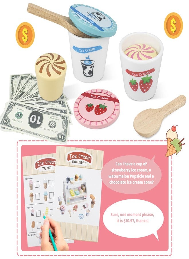 Minnot Wooden Ice Cream Toys - 32 pcs Pretend Ice Cream Play Set with Scooper, Menu, Fake Money & Storage | Wooden Play Store Counter Shop & Toy Gift for Toddlers Girls Boys Ages 3 4 5 6 7 8 - Image 5