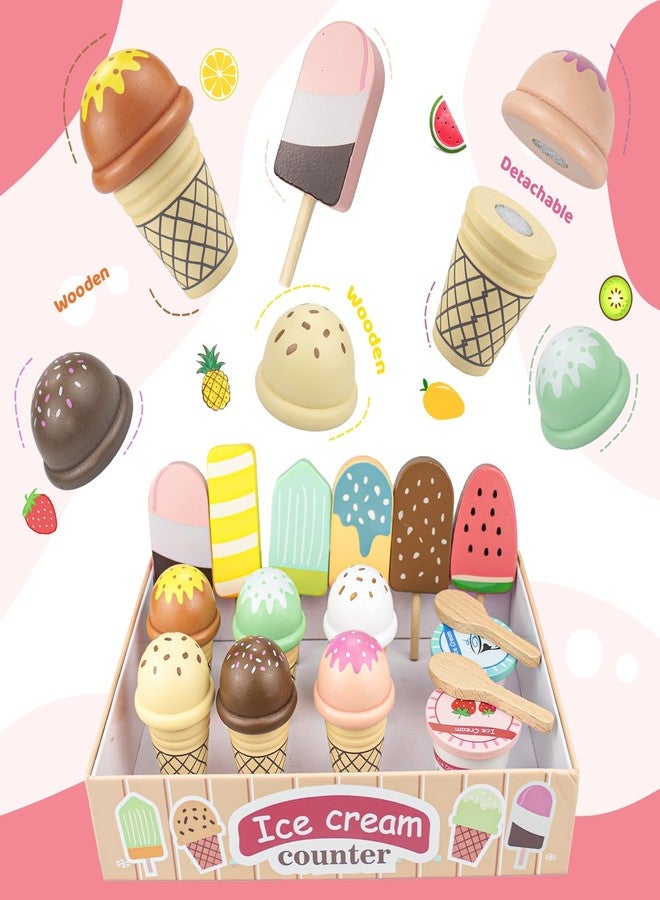 Minnot Wooden Ice Cream Toys - 32 pcs Pretend Ice Cream Play Set with Scooper, Menu, Fake Money & Storage | Wooden Play Store Counter Shop & Toy Gift for Toddlers Girls Boys Ages 3 4 5 6 7 8 - Image 4