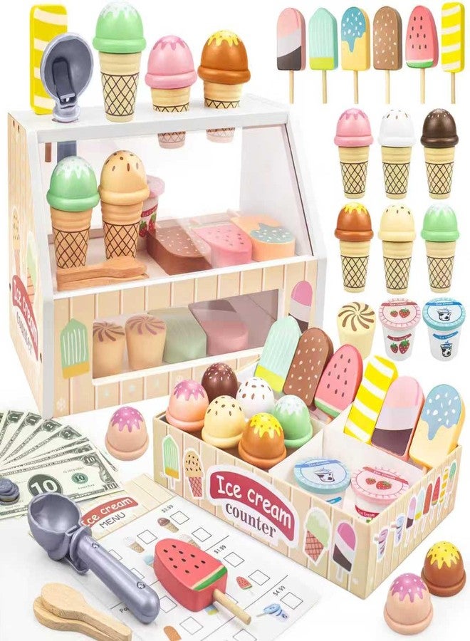 Minnot Wooden Ice Cream Toys - 32 pcs Pretend Ice Cream Play Set with Scooper, Menu, Fake Money & Storage | Wooden Play Store Counter Shop & Toy Gift for Toddlers Girls Boys Ages 3 4 5 6 7 8 - Image 1