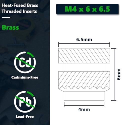 RoyceMart 100-pack M4 x 6L x 6.5D Brass Threaded Inserts, Heat Set Knurled Nuts for 3D Printing & Plastics, Female Threaded Brass Inserts - Image 2