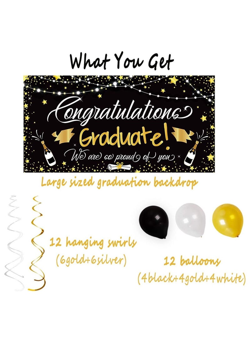 Generic - Graduation party poster and decorations, including balloons, a large background banner congratulating graduation, and circular confetti decorations, 25 pieces, black color from (Up to Date Egypt) - Image 1