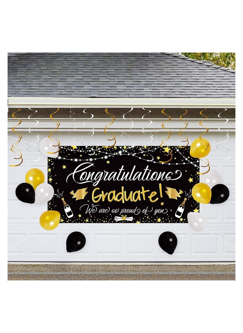 Generic - Graduation party poster and decorations, including balloons, a large background banner congratulating graduation, and circular confetti decorations, 25 pieces, black color from (Up to Date Egypt) - Image 1