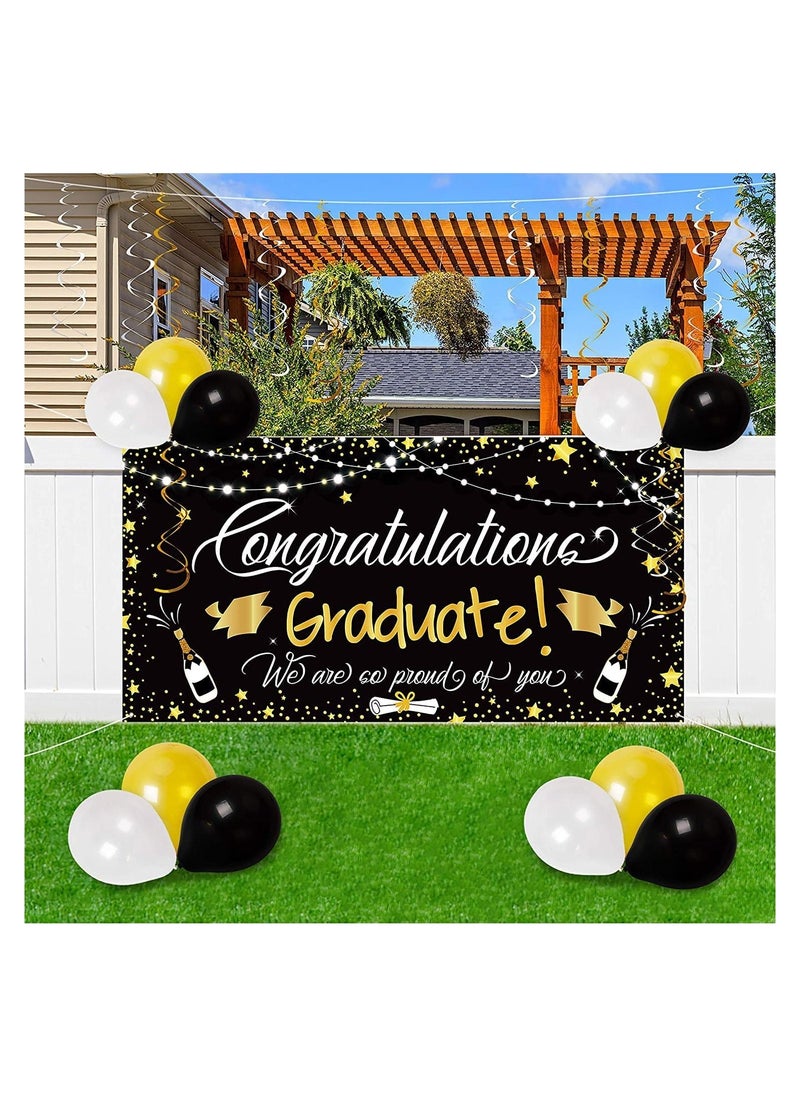 Generic - Graduation party poster and decorations, including balloons, a large background banner congratulating graduation, and circular confetti decorations, 25 pieces, black color from (Up to Date Egypt) - Image 1
