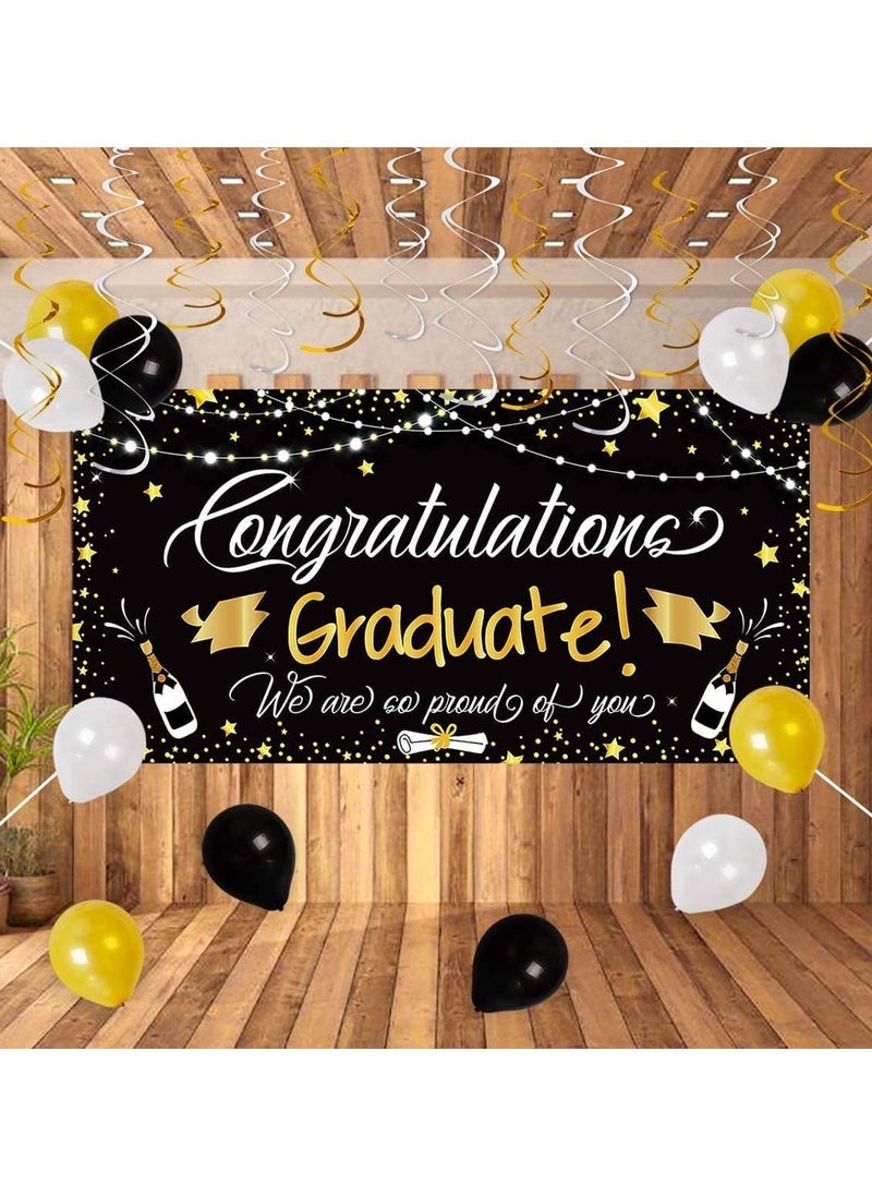 Generic - Graduation party poster and decorations, including balloons, a large background banner congratulating graduation, and circular confetti decorations, 25 pieces, black color from (Up to Date Egypt) - Image 1
