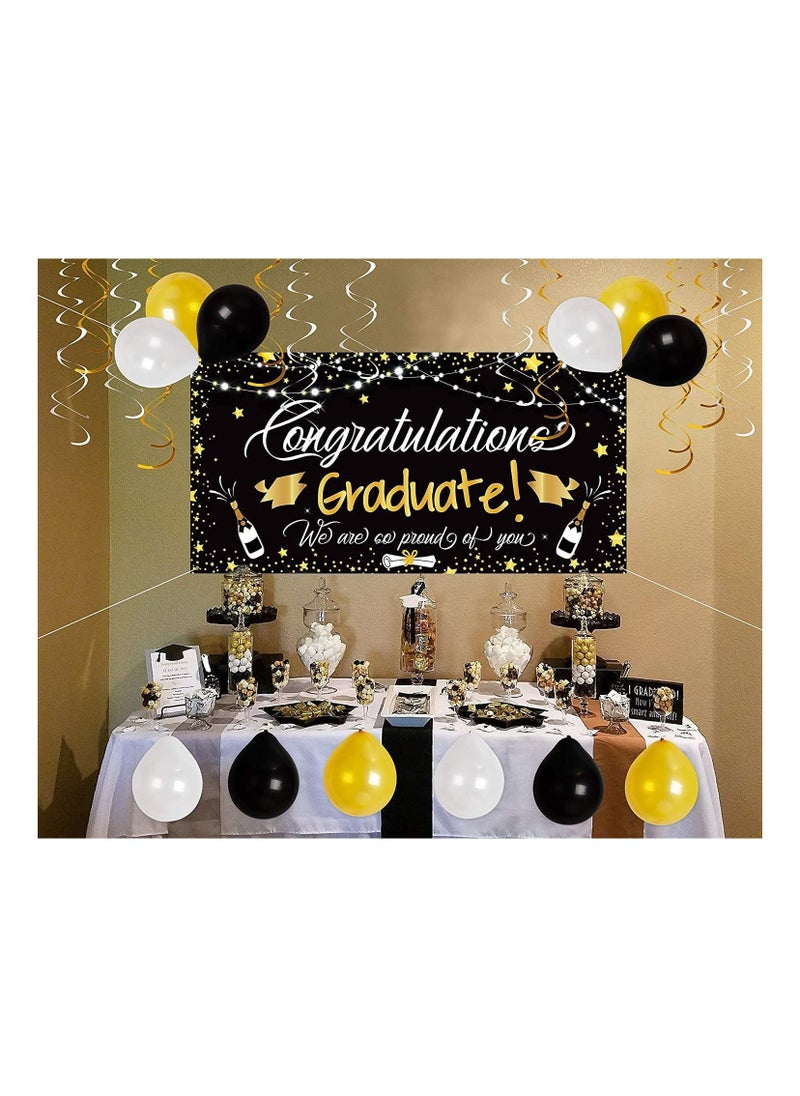 Generic - Graduation party poster and decorations, including balloons, a large background banner congratulating graduation, and circular confetti decorations, 25 pieces, black color from (Up to Date Egypt) - Image 1